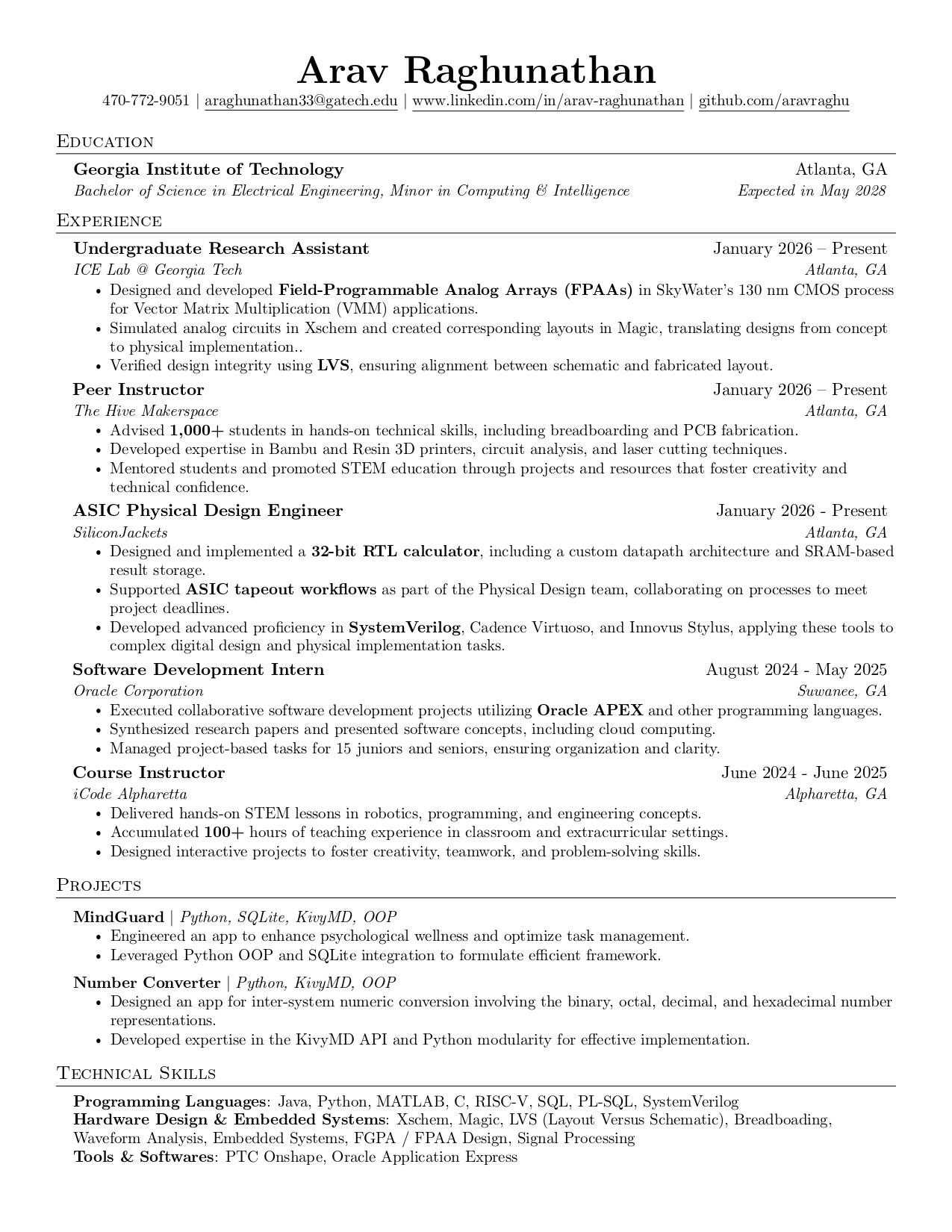 Preview of Arav Raghunathan's resume
