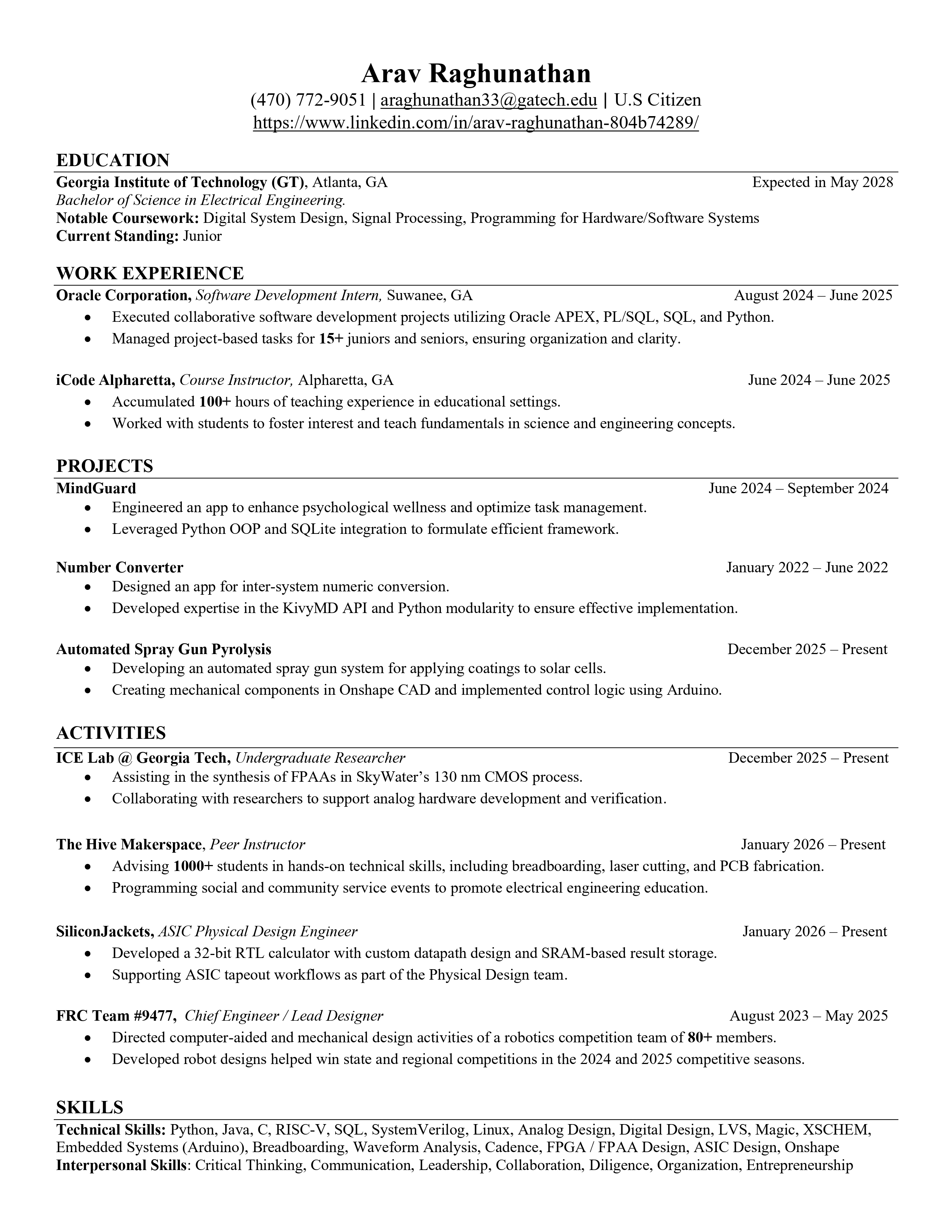 Preview of Arav Raghunathan's resume